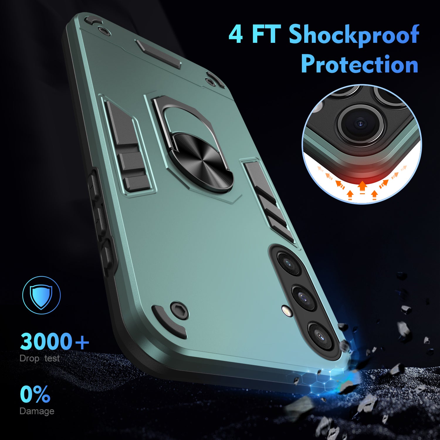 Phone Case for Samsung Galaxy S23 FE Cover Shockproof PC+TPU Rotating Ring Kickstand Shell - Green Phone Case for Samsung Galaxy S23 FE Cover Shockproof PC+TPU Rotating Ring Kickstand Shell - Green